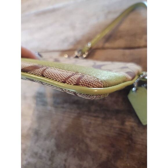 Coach Brown Monogram Canvas Lime Green Stripe Wristlet Coin Pouch Card Holder - Picture 3 of 7